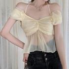 Off-shoulder Lace-up Backless Mesh Panel Top Yellow - One Size