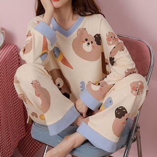 Loungewear Set : Contrast Trim Long-sleeve Bear Print Top + Pants