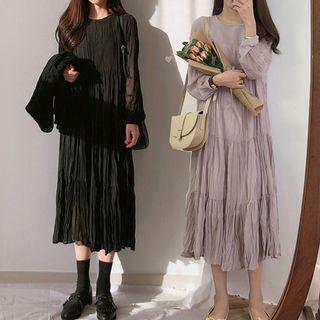Plain Crinkled A-line Midi Dress
