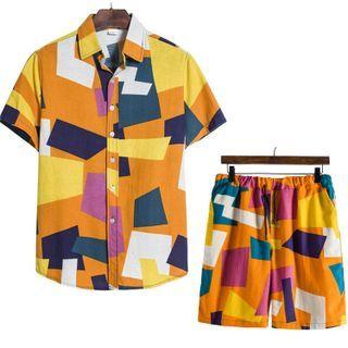 Set: Short-sleeve Print Shirt + Drawstring Shorts
