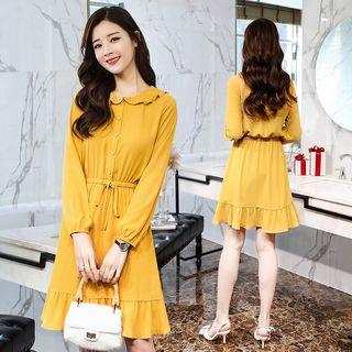 Long-sleeved Collared Frill Plain Sheath Dress