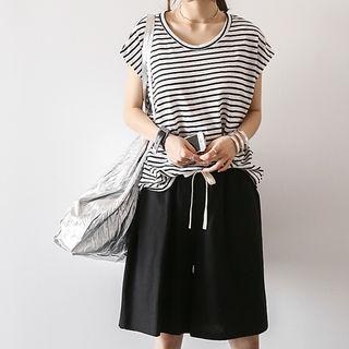 Cap-sleeve Linen Blend Stripe Top