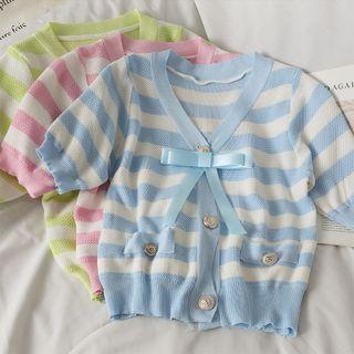 Striped Ribbon-accent Crop Knit Top