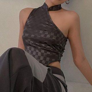 Sleeveless Irregular Checkered Crop Top