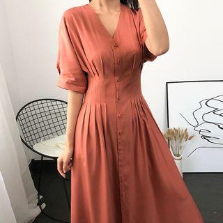 Button-detail Short-sleeve V-neck Dress