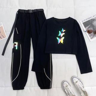Long-sleeve Printed T-shirt / Buckled Harem Pants / Set