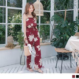 Elastic Waist Strapless Flower Jumpsuit