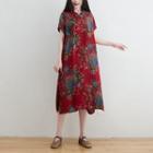 Short-sleeve Floral Print A-line Dress / Short-sleeve Cheongsam Top / Shorts / Set