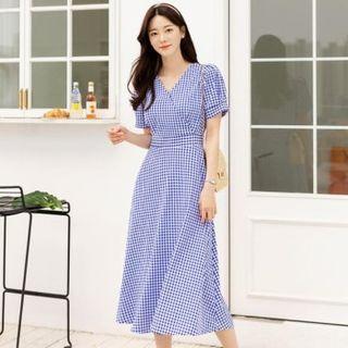 Puff-sleeve Gingham Long Dress