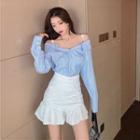 Long-sleeve Cold Shoulder Shirt / Frill Trim Mini Skirt