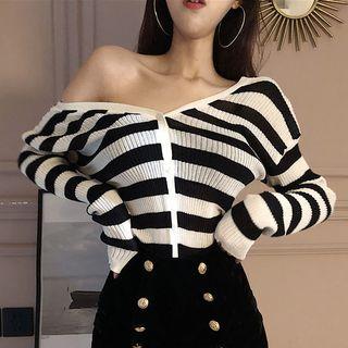 Striped V-neck Cardigan / Double-breasted Shorts
