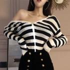 Striped V-neck Cardigan / Double-breasted Shorts