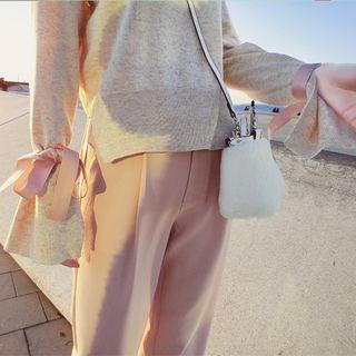 Set: Bow Accent Long-sleeve Knit Top + Cropped Harem Pants