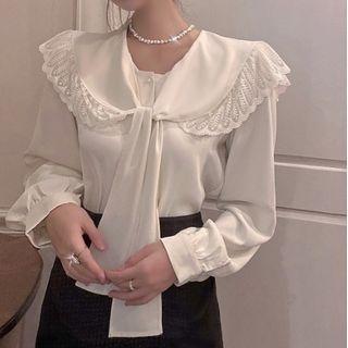 Lace Trim Collar Tie-front Blouse / Sheath Overall Dress
