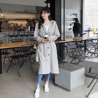 Hooded Buttoned Cotton Coat With Sash