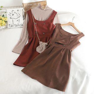 Set: Long-sleeve Plaid T-shirt + Mini Overall Dress