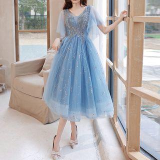 Flared-sleeve Sequin Midi Cocktail Dress