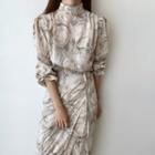 Printed Long-sleeve Midi Sheath Dress As Shown In Figure - One Size