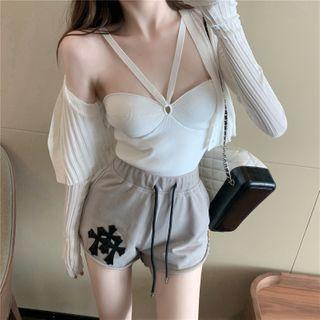 Halter-neck Top / Cropped Knit Cardigan / Cross Applique Shorts
