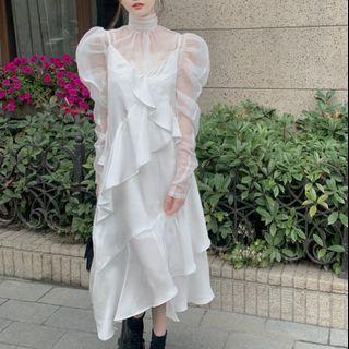Mesh Blouse / Spaghetti Strap Ruffle Midi A-line Dress
