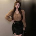 Puff-sleeve Dotted Blouse / Mini Skirt