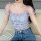 Puff-sleeve Mesh Ruffled Crop Top