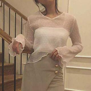 Set: V-neck Dotted Chiffon Top + Strap Top