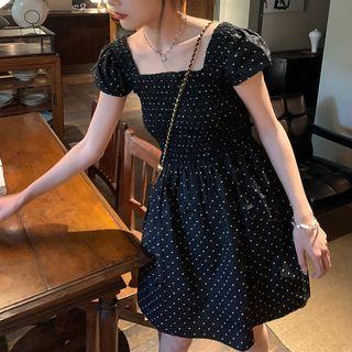 Cap-sleeve Dotted A-line Dress Black - One Size