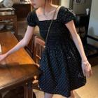 Cap-sleeve Dotted A-line Dress Black - One Size