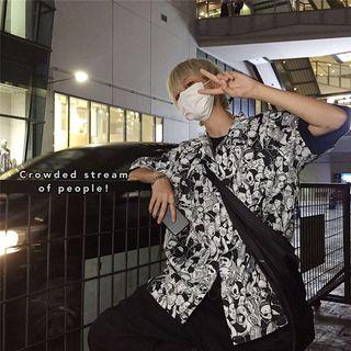 Elbow-sleeve Face Print Shirt As Shown In Figure - One Size