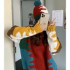 Set: Color Block Sweater + Pom Pom Beanie Sweater - Red & Green & Brown & White & Yellow & Blue / Beanie - Green & White & Red & Blue - One Size