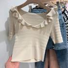 Plain Ruffle Trim Short-sleeve Knit Cropped Top
