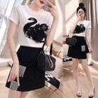 Set: Short-sleeve Embellished Swan T-shirt + A-line Mini Skirt