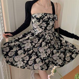 Halter Floral Mini A-line Dress White Floral - Black - One Size