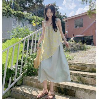 Suspender Mock Two-piece Floral Lace-up Dress Green & Yellow - One Size