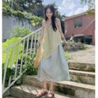 Suspender Mock Two-piece Floral Lace-up Dress Green & Yellow - One Size