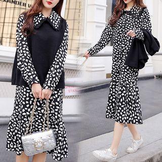 Set: Floral Print Midi Shirt Dress + Sweater Vest