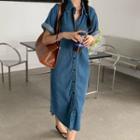 Elbow-sleeve Midi Denim Shirt Dress