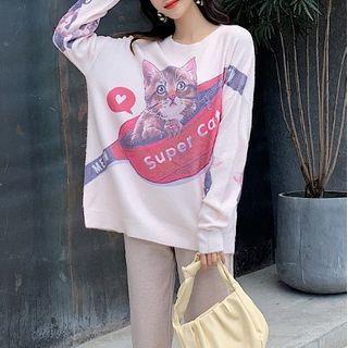 Long-sleeve Cat Printed Sweater As Shown In Figure - One Size