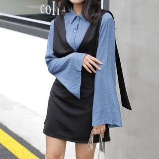 Set: Plain Bell Sleeve Shirt + Pinafore Dress