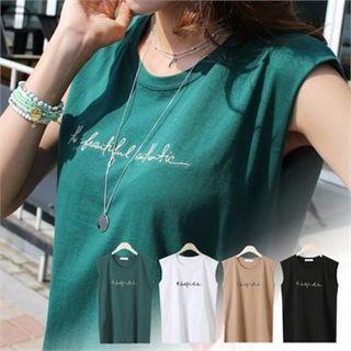 Cap-sleeve Letter-embroidered Top