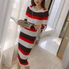 Color-block Long-sleeve Knit Pencil Dress