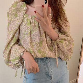 Long-sleeve Square-neck Floral Print Blouse As Shown In Figure - One Size