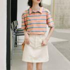 Short-sleeve Striped Polo Shirt / Mini A-line Skirt / Set