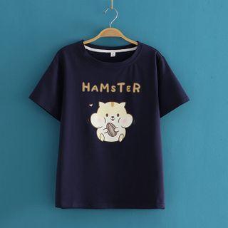 Hamster Print Round Neck Short Sleeve T-shirt