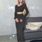 Set: Long-sleeve Crop Top + Maxi Pencil Skirt