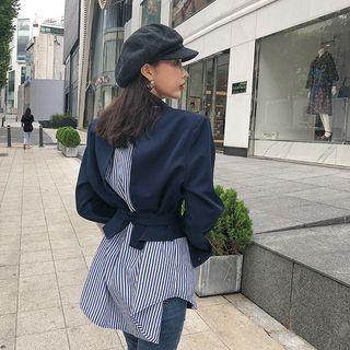 One-button Stripe-panel Blazer With Sash Navy Blue - One Size