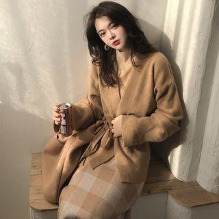 Sashed Cardigan / Plaid Midi Skirt