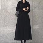 Long-sleeve Drawstring Plain Shirt Dress Black - One Size