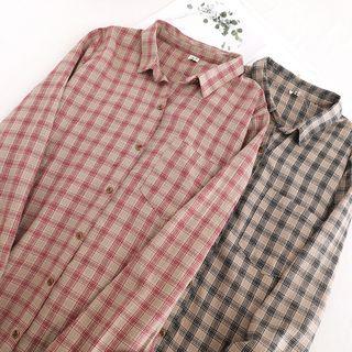 Long-sleeve Ruffle Hem Plaid Shirtdress